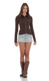 Fur Collar Zip Up Cardigan in Brown