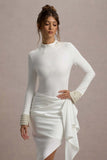 Luanna Ecru Satin Long Sleeve Midi Dress With Draped Skirt And Embellished Cuffs