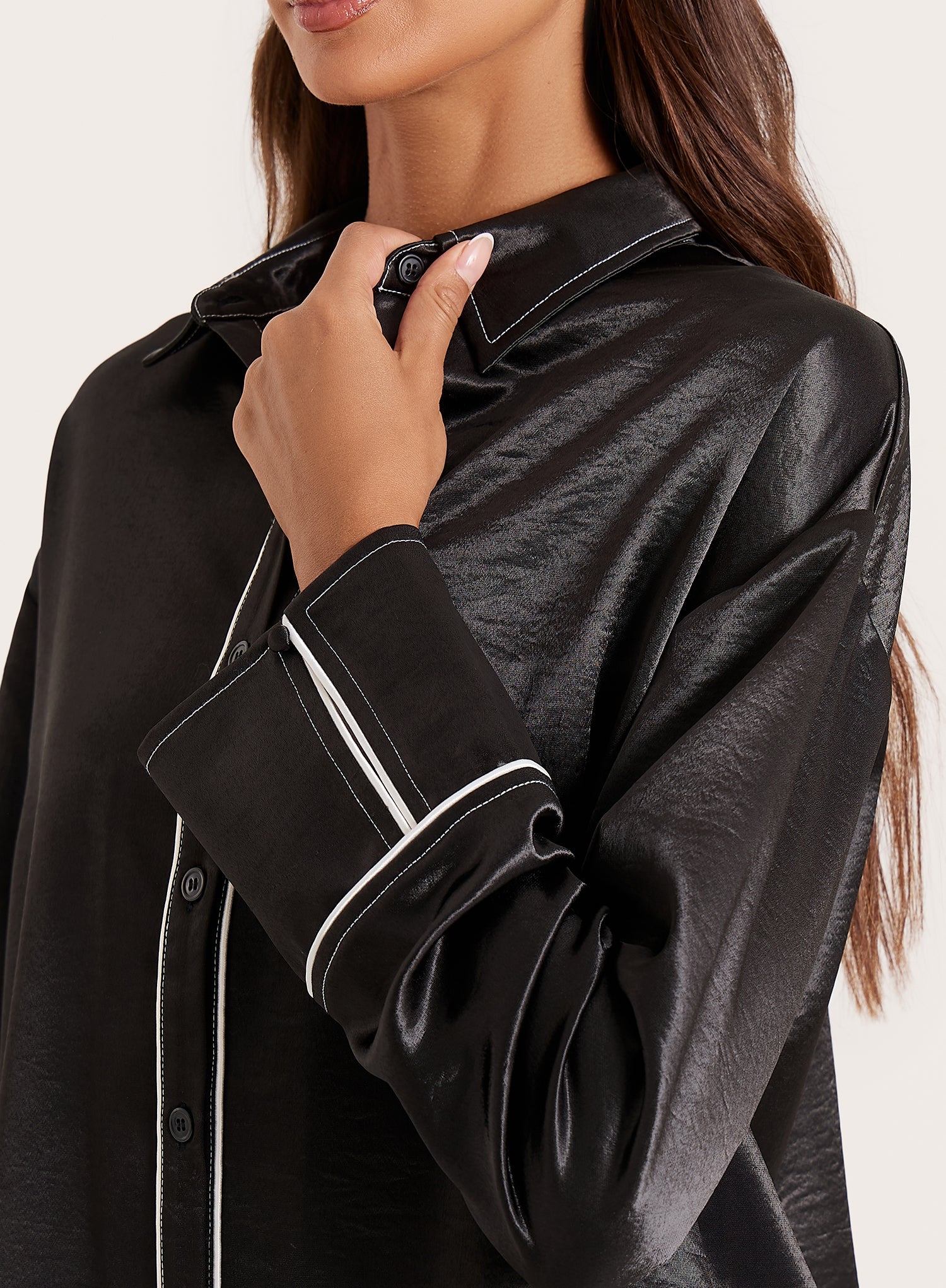 Black Satin Contrast Piping Shirt