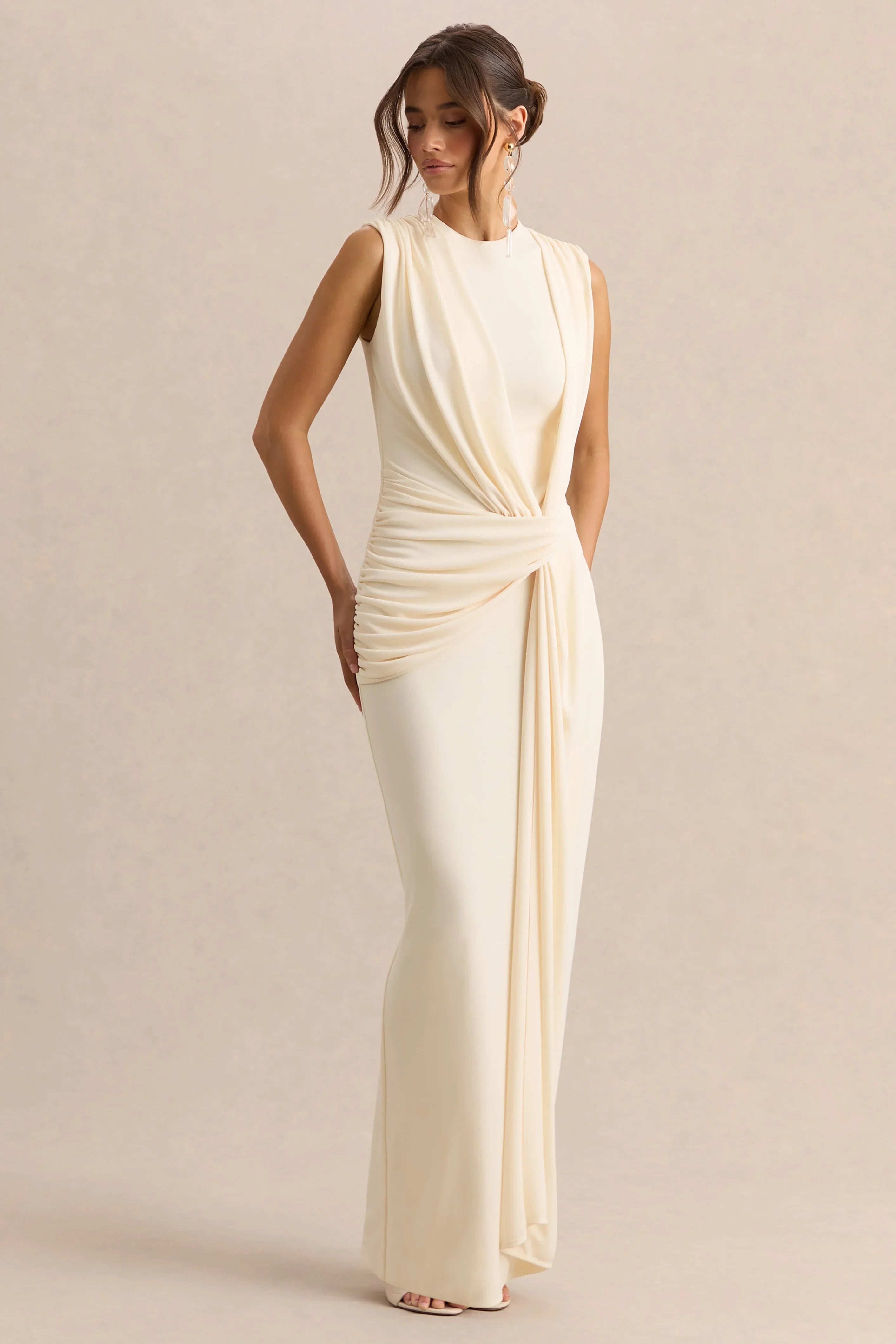 Blythia Cream Round Neck Maxi Dress With Gathered Detailing
