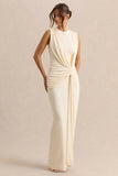Blythia Cream Round Neck Maxi Dress With Gathered Detailing