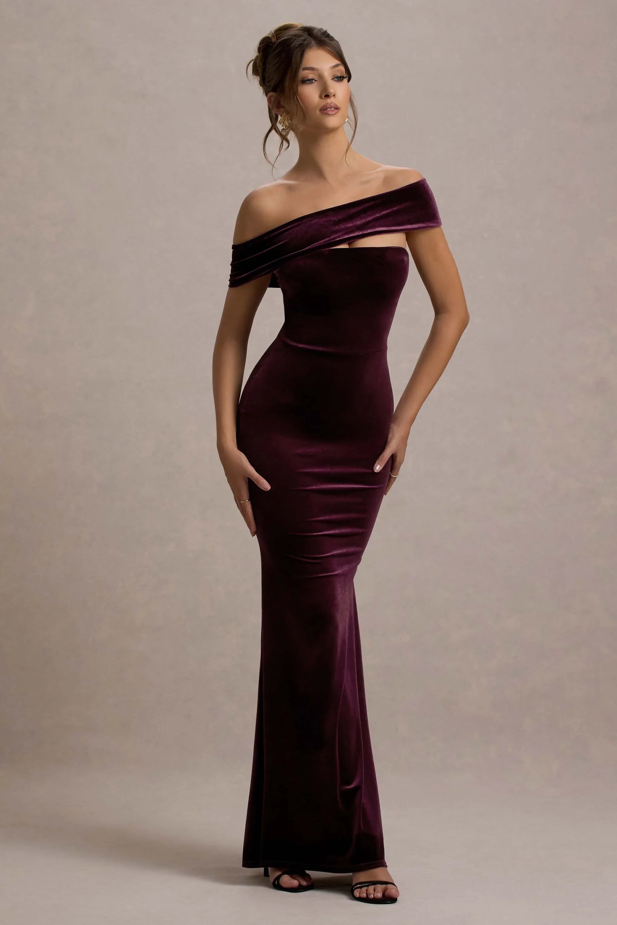 Candela Port Velvet Asymmetric Bardot Maxi Dress