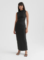 Black Ruched Jersey Midaxi Dress