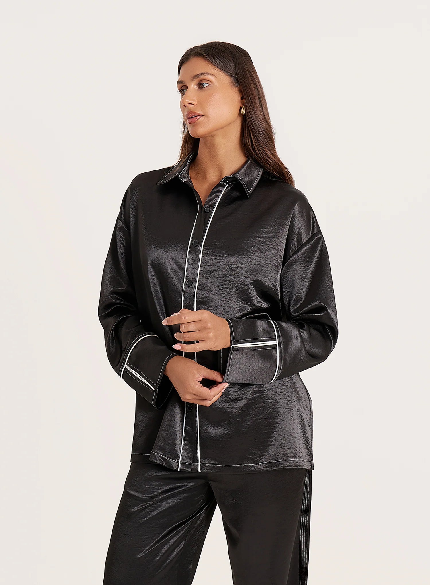 Black Satin Contrast Piping Shirt