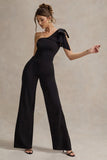 Orilla Black One Shoulder Wide Leg Jumpsuit With Bow
