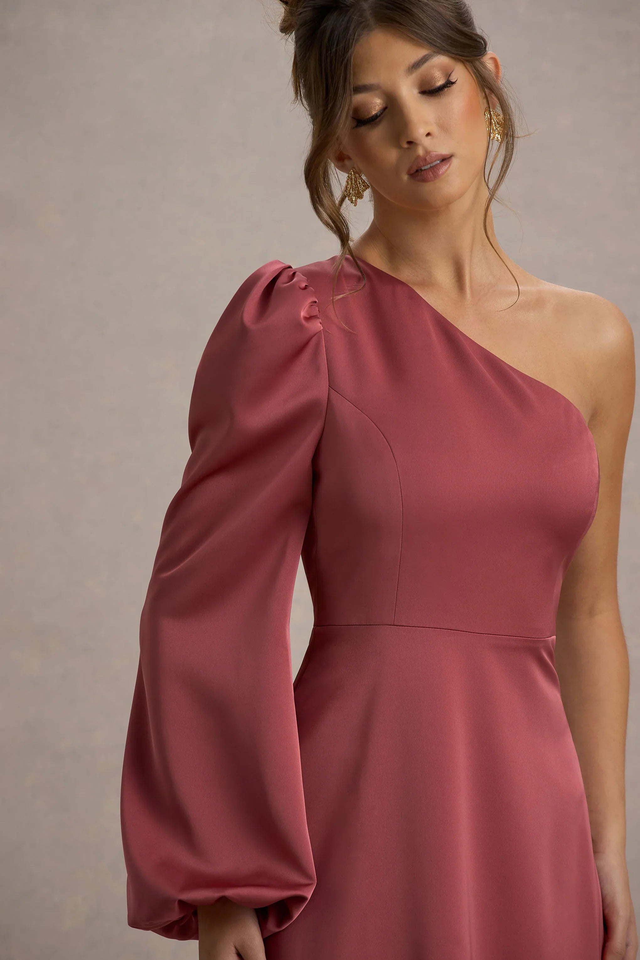 Haila Rose Pink Satin One Shoulder Midi Dress