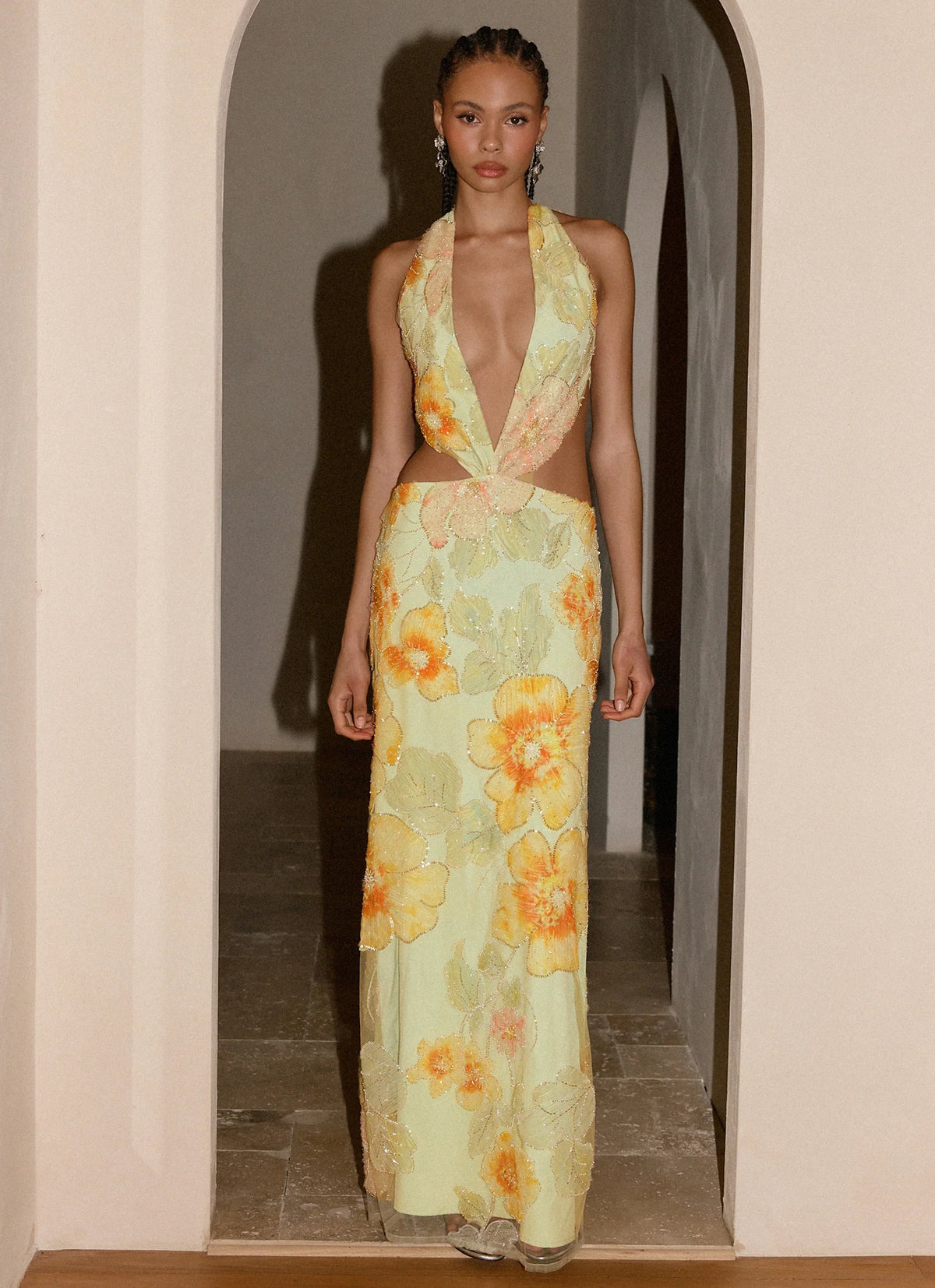 Really Something Beaded Maxi Dress Green Floral Beaded