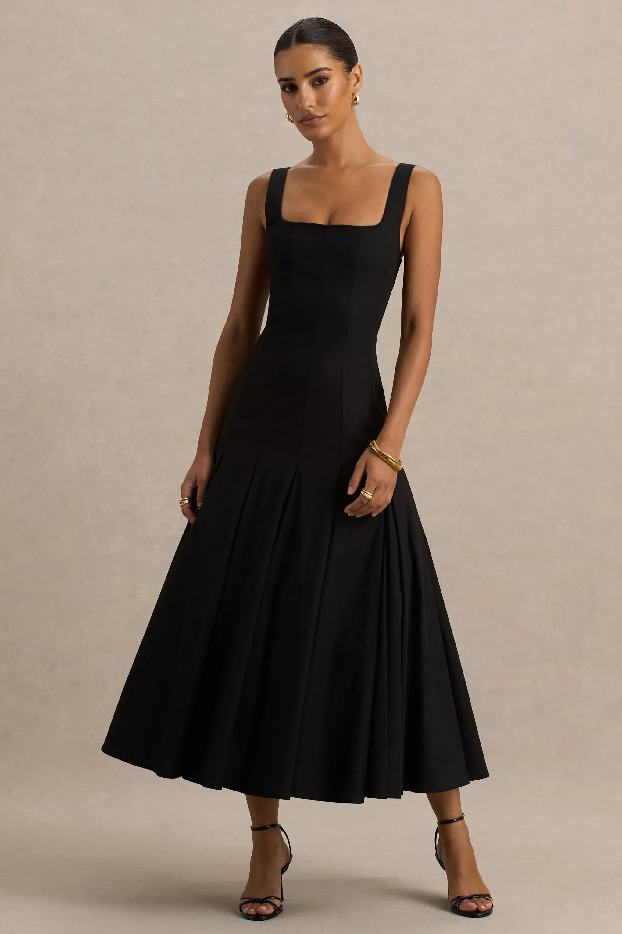 Magnolia Black Scoop Neck Midi Dress With Drop Waist And Ruffling Detail
