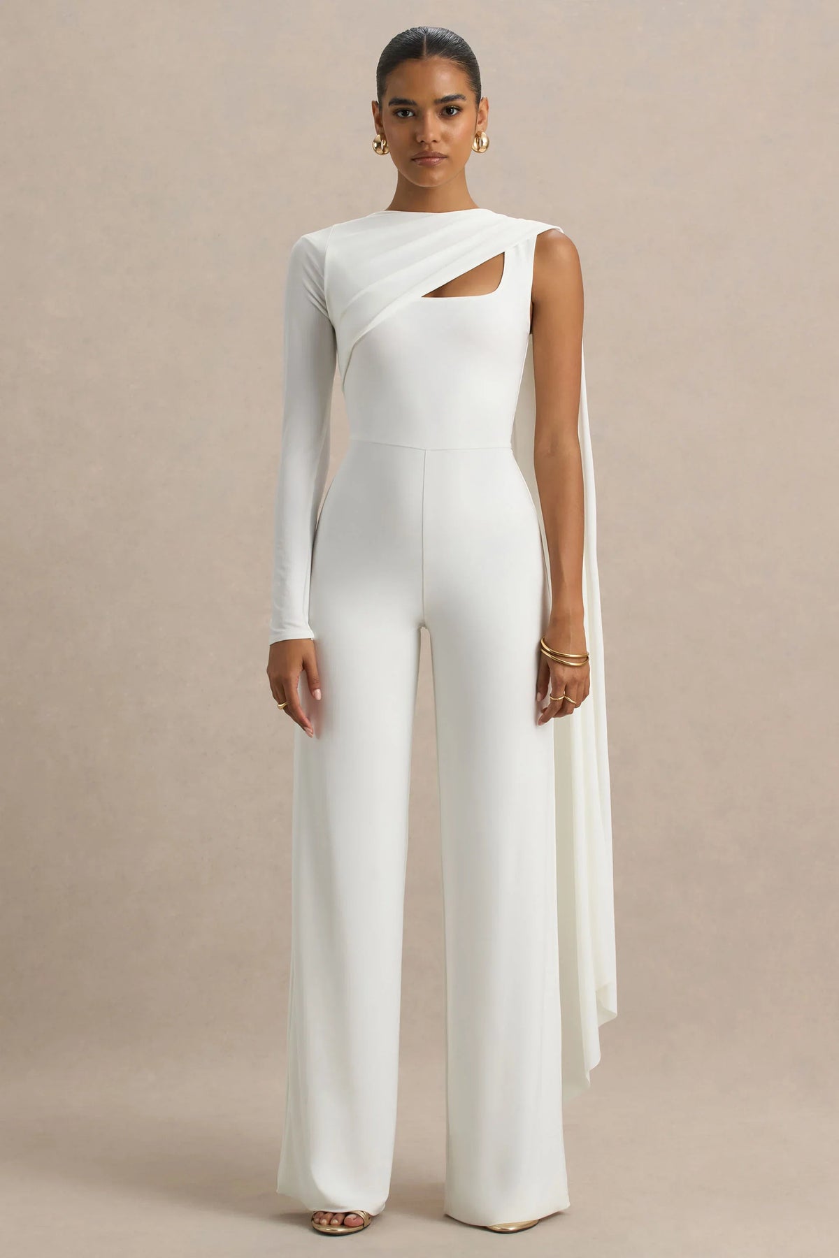Graces White High Neck Jumpsuit With Cape Sleeve
