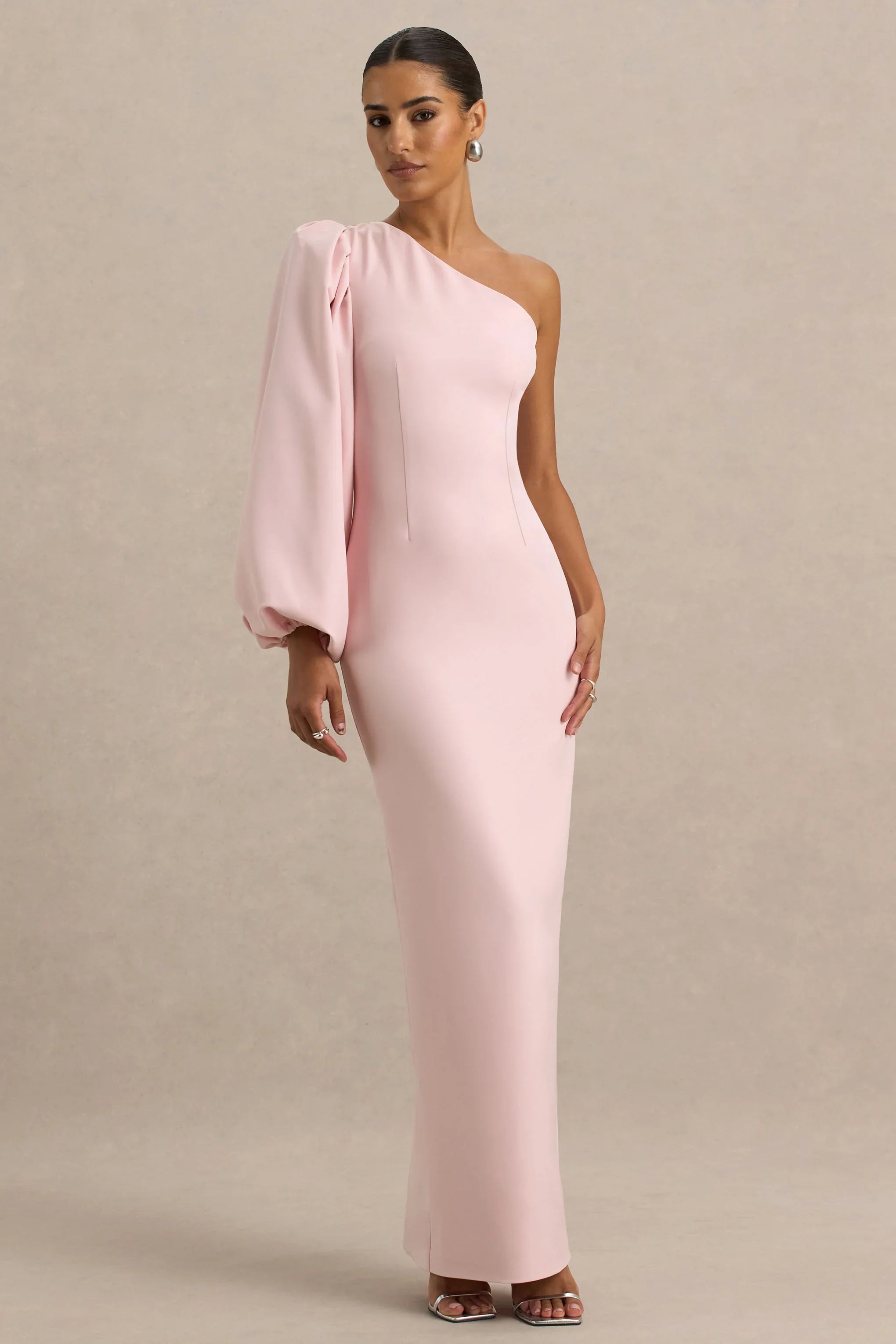Kellis Pink Asymmetric Maxi Dress With Balloon Sleeve