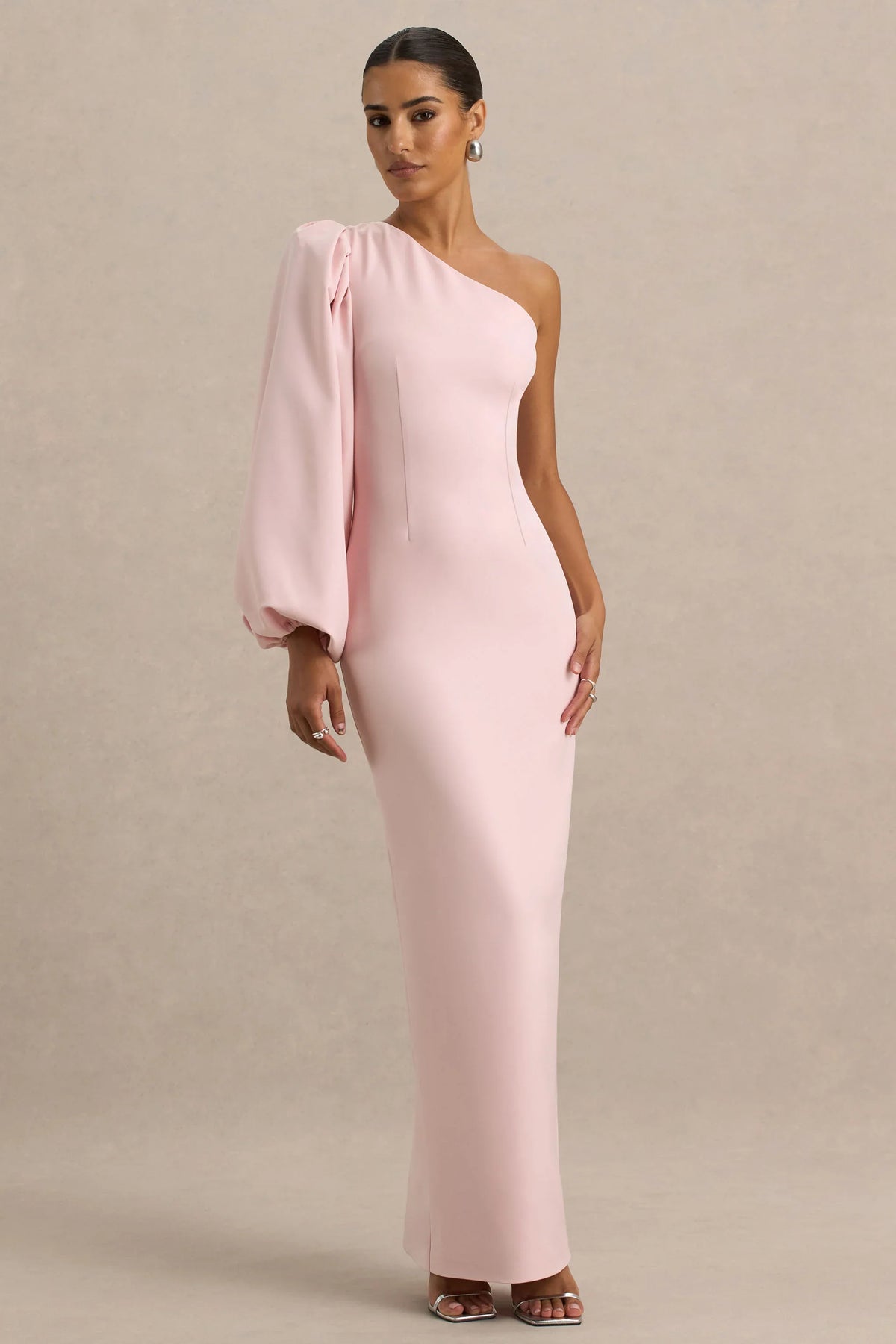 Kellis Pink Asymmetric Maxi Dress With Balloon Sleeve