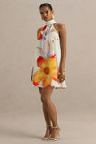 Evita Orange Floral High Neck Satin Mini Dress
