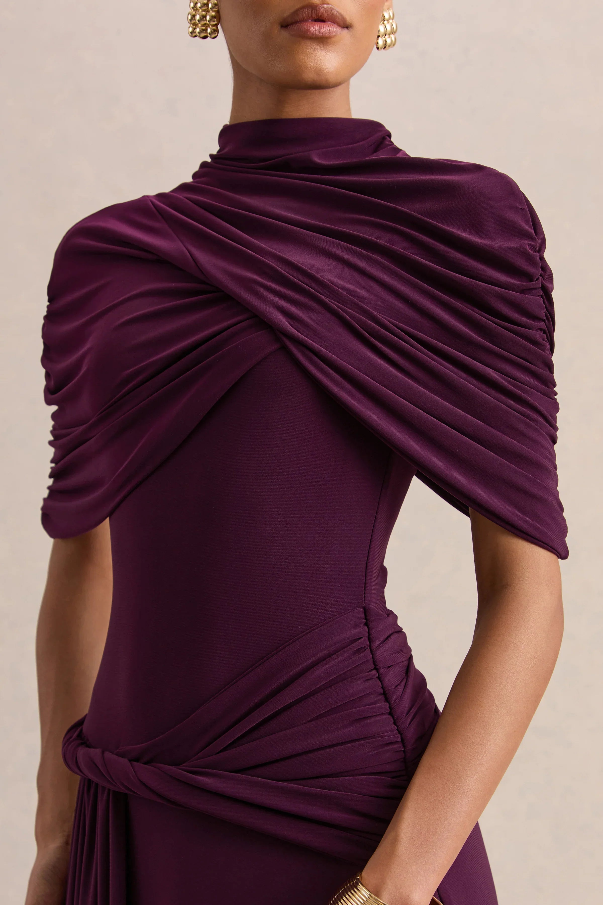 Evelisse Plum High Neck Maxi Dress With Short Cape Sleeves