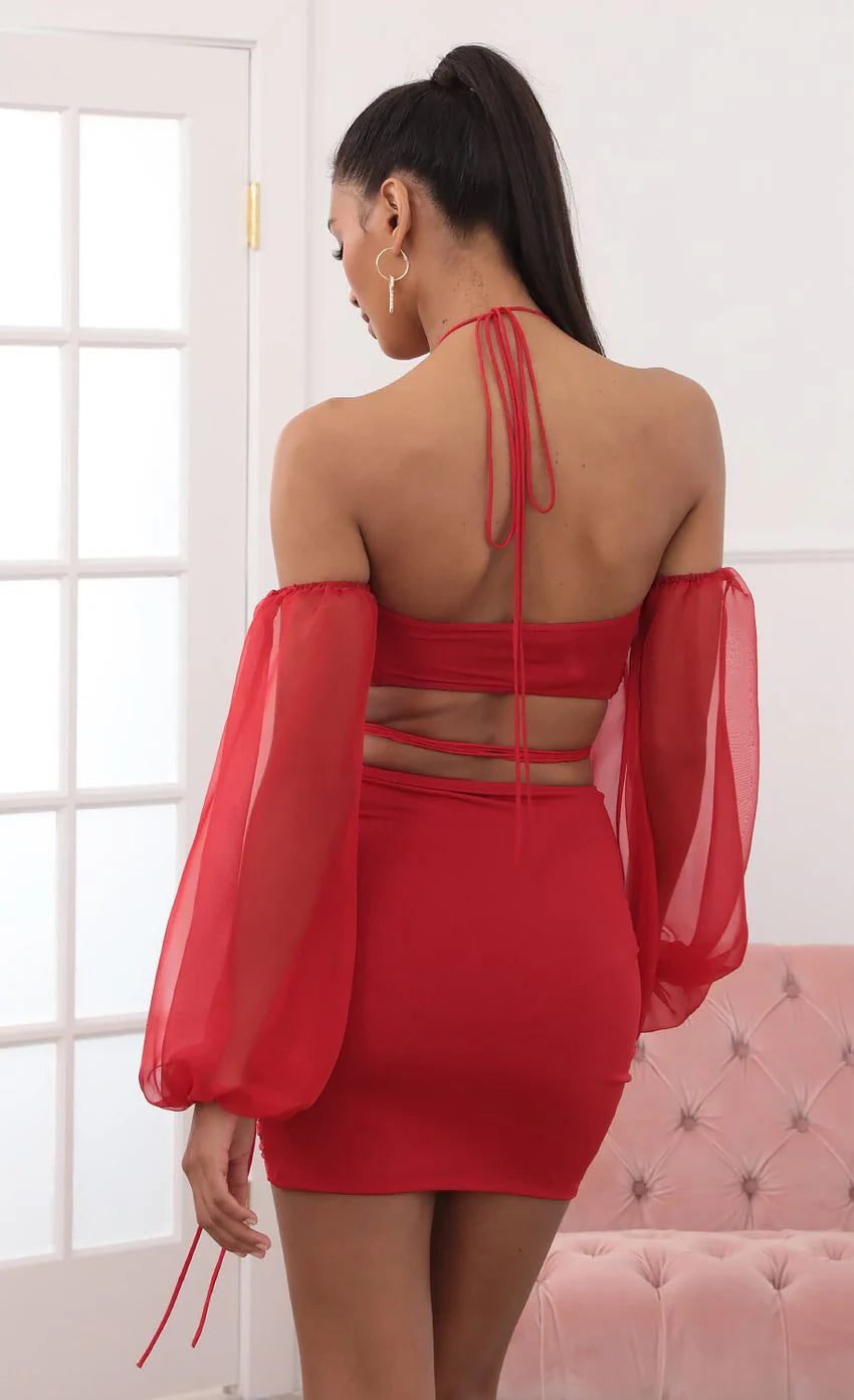 Long Sleeve Off Shoulder Two Piece Set in Red