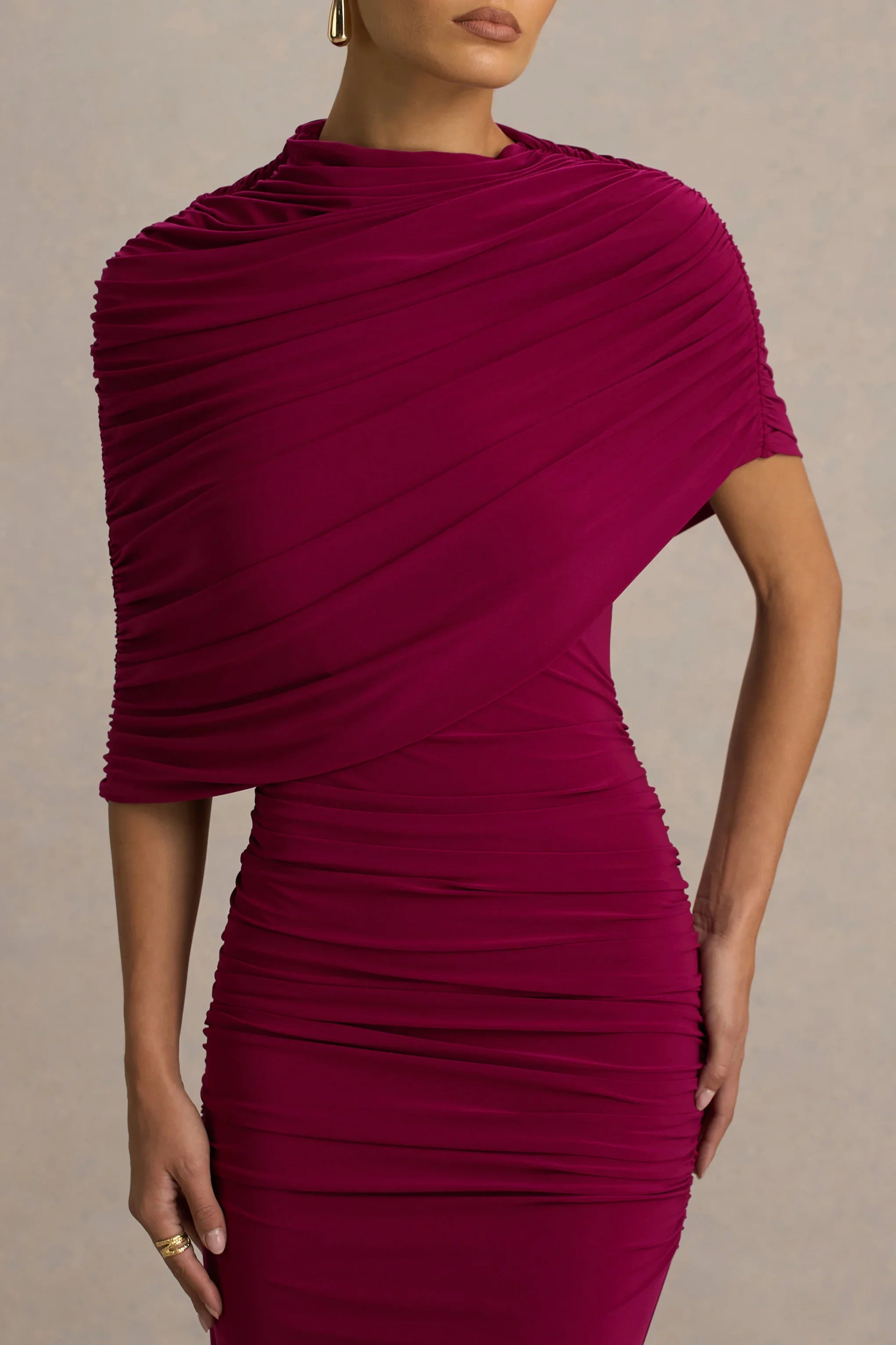 Glitz Burgundy High Neck Maxi Dress With Cape Sleeve and Ruched Detailing