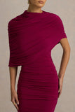 Glitz Burgundy High Neck Maxi Dress With Cape Sleeve and Ruched Detailing