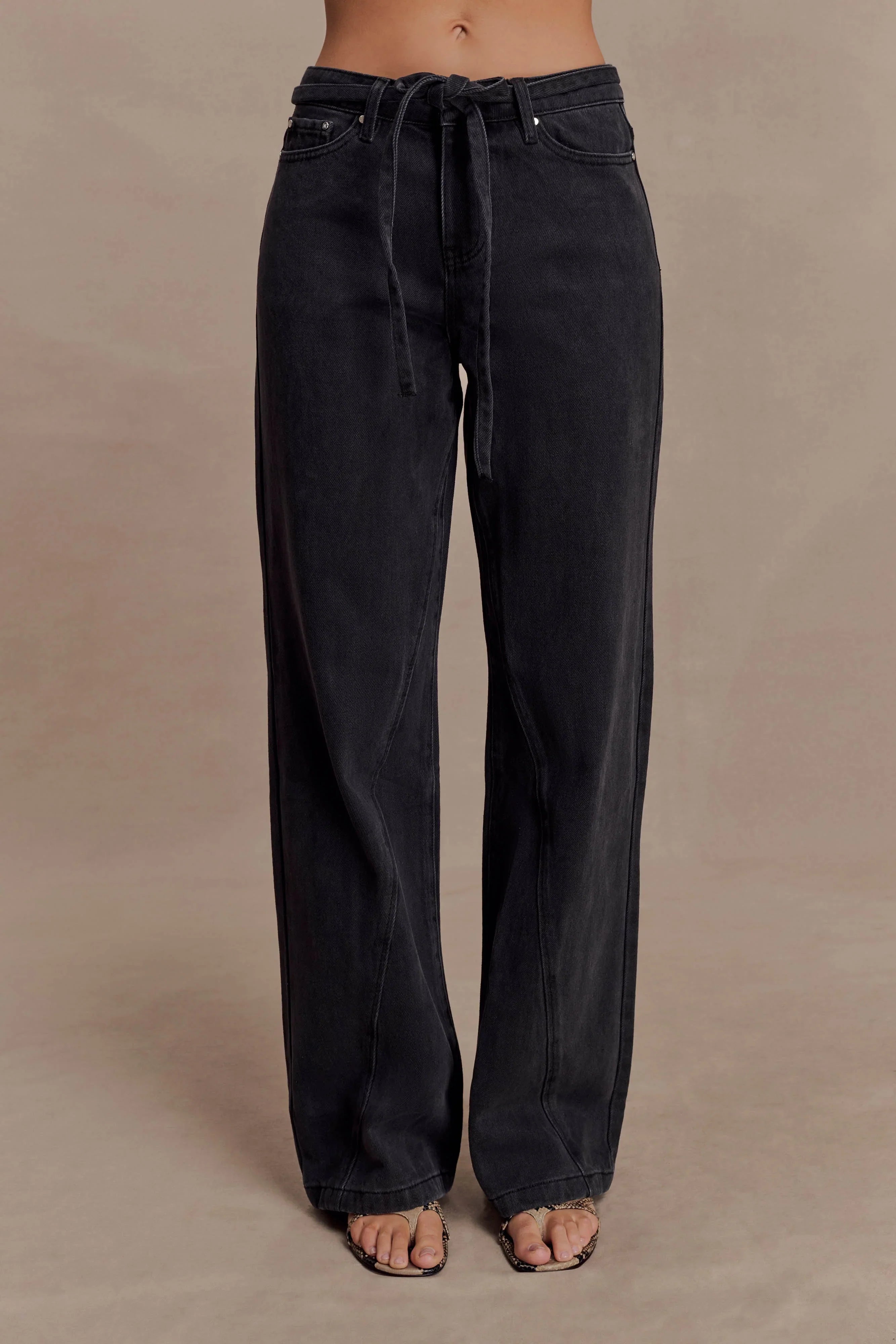 Perrie Mid Rise Straight Leg Tie Jeans Washed Black