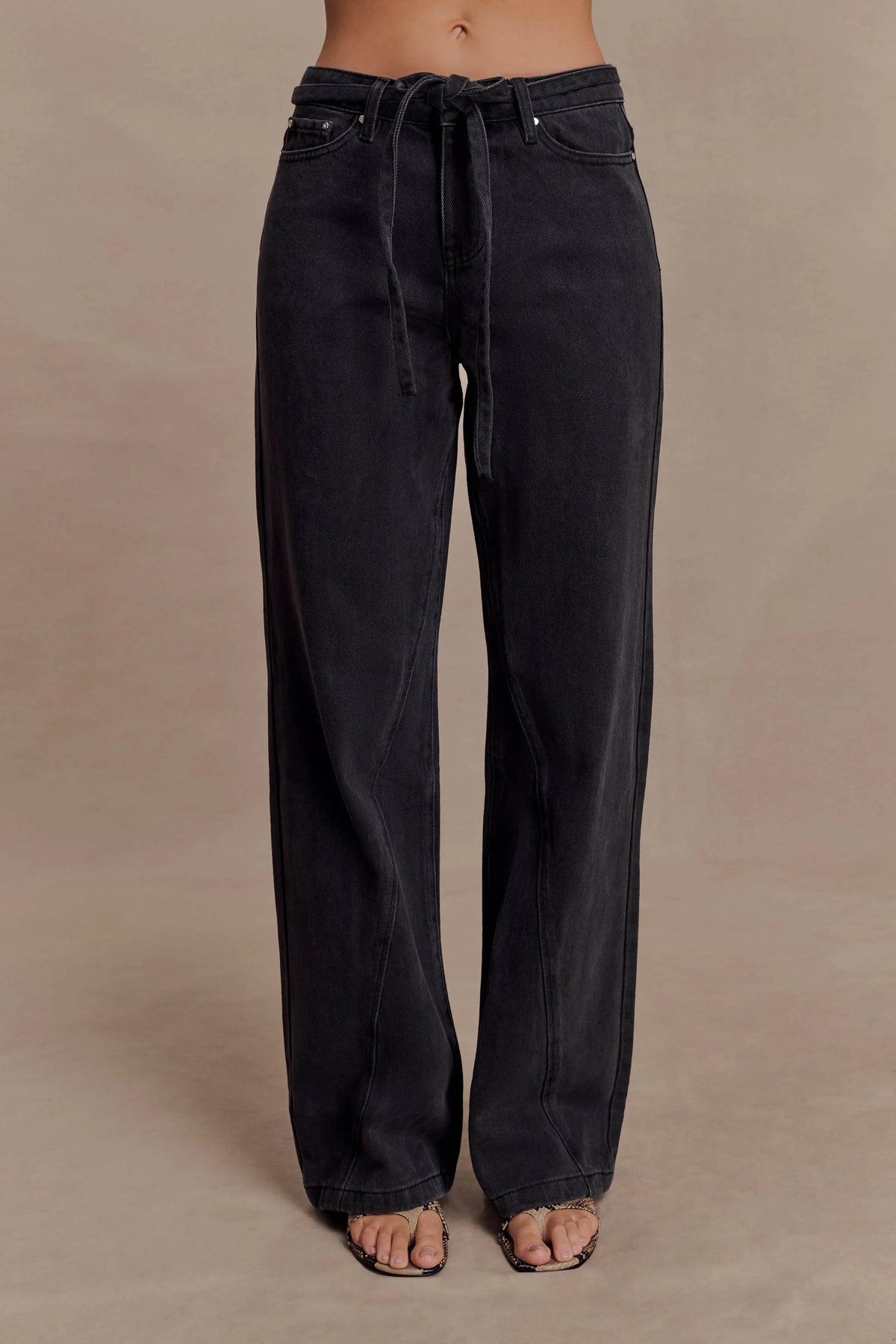 Perrie Mid Rise Straight Leg Tie Jeans Washed Black