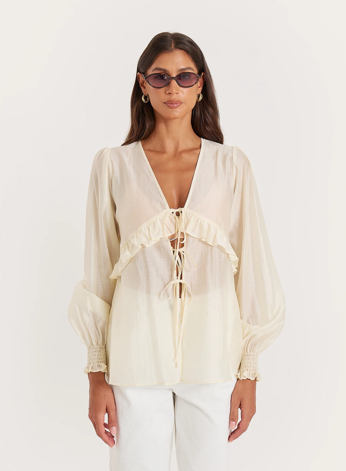 Buttercream Sheer Tie Front Blouse