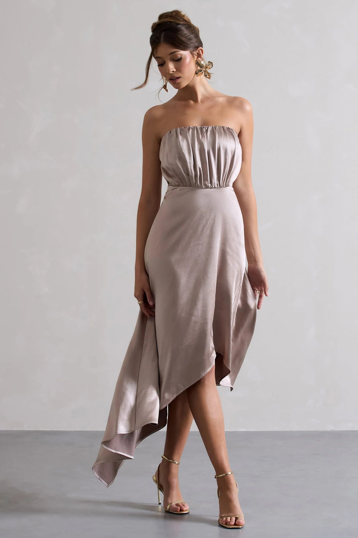 Willa Taupe Satin Bandeau Maxi Dress With Asymmetric Hem