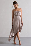 Willa Taupe Satin Bandeau Maxi Dress With Asymmetric Hem
