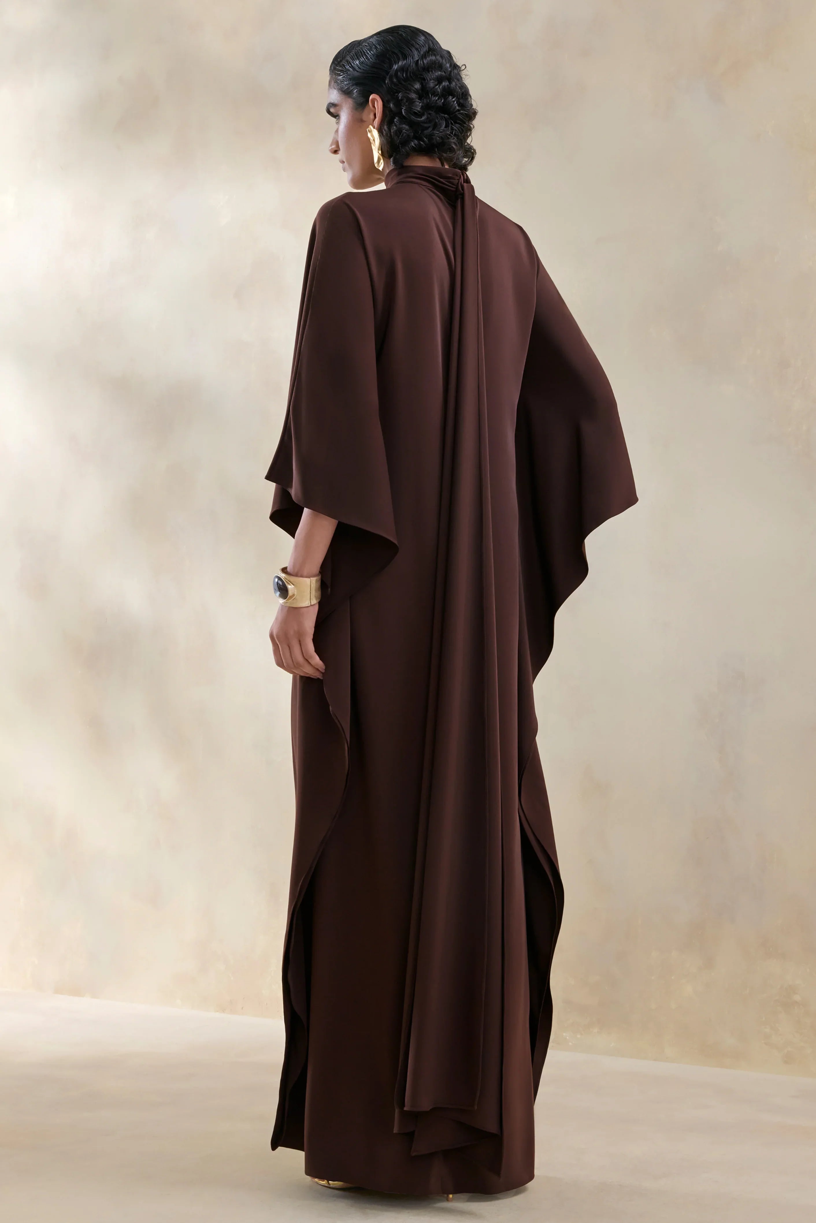 Lumisette Brown Satin High Neck Maxi Dress With Cape