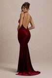 Adele Berry Velvet Ruched Strappy Fishtail Maxi Dress
