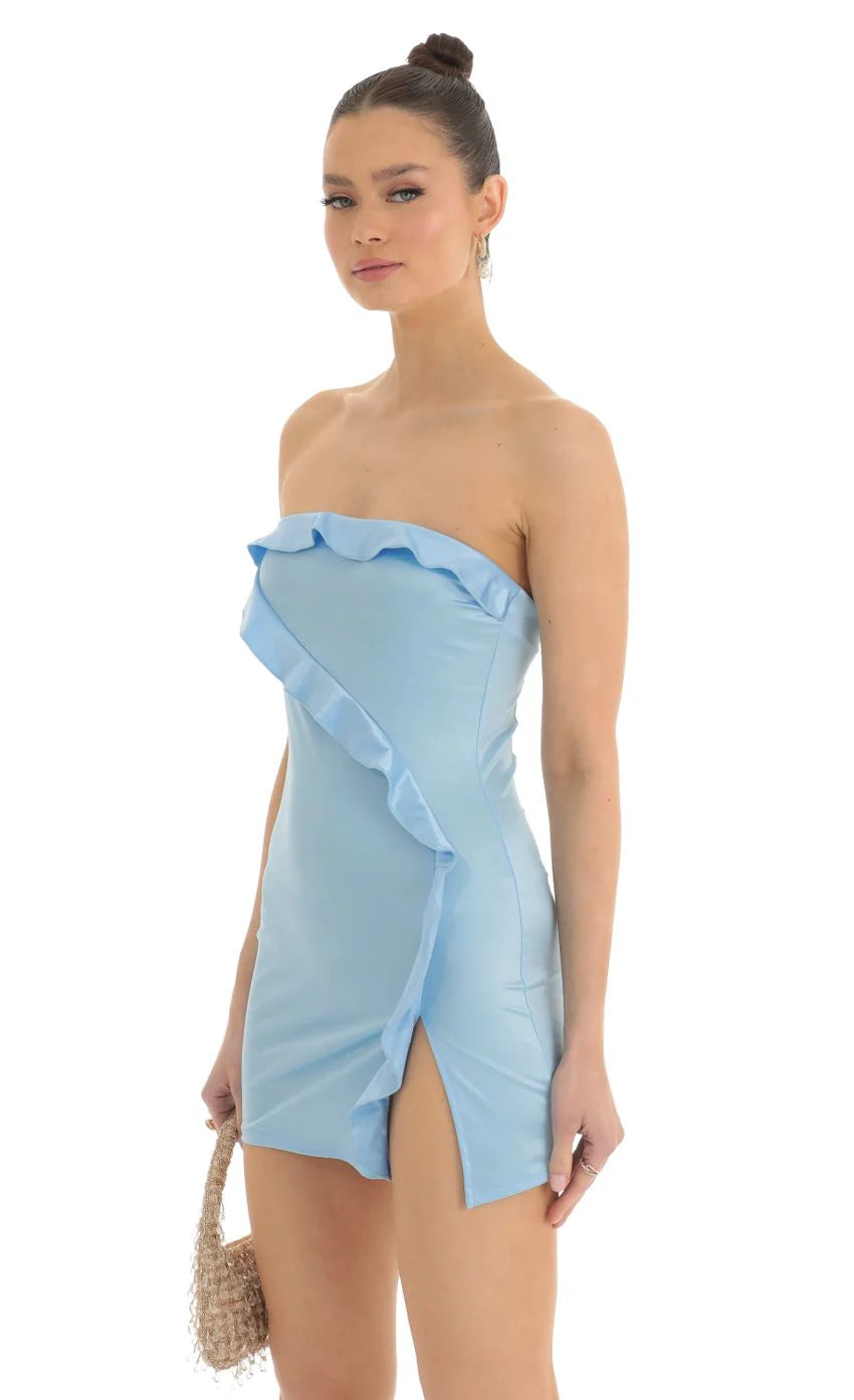 Strapless Satin Dress in Blue