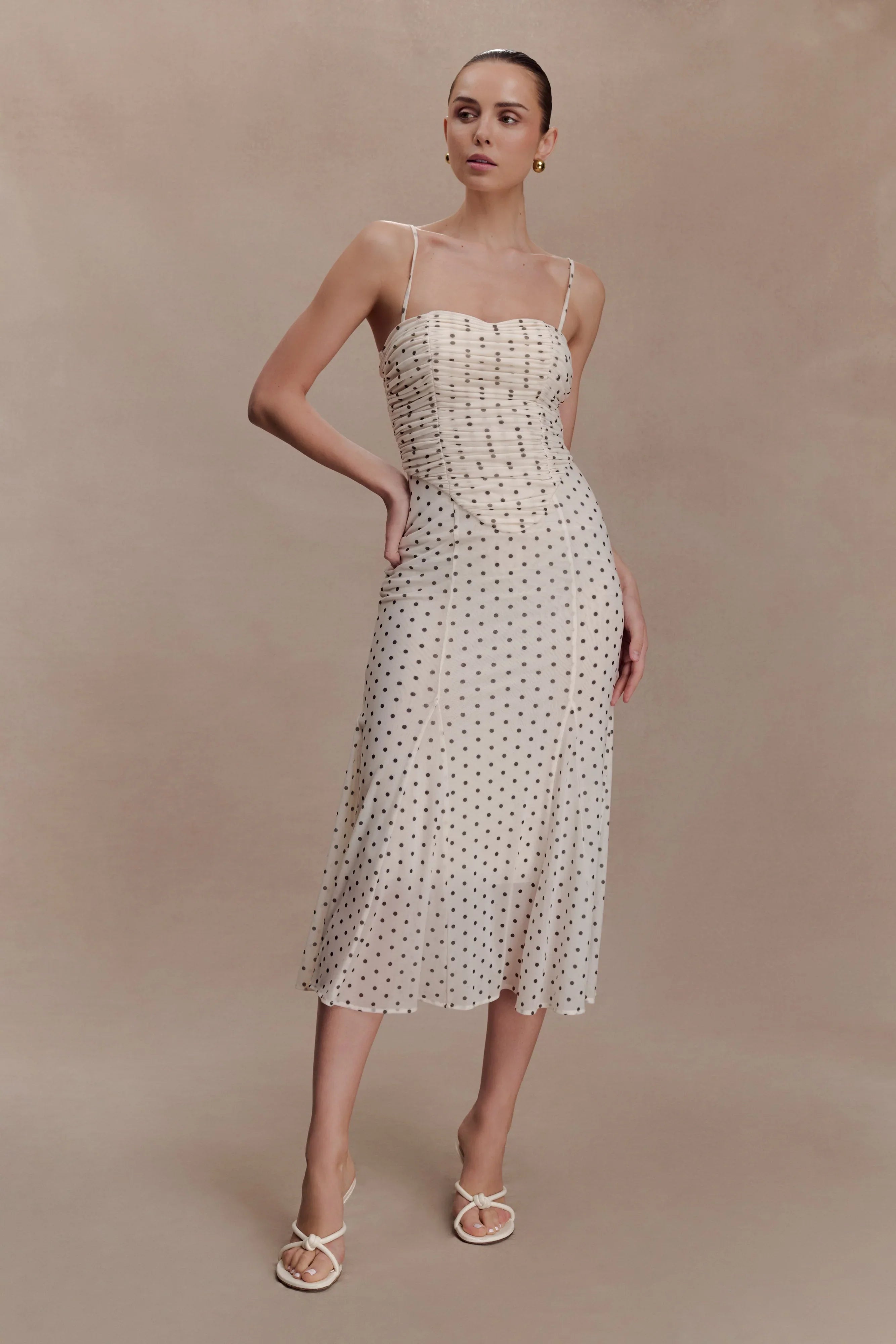 Willa Gathered Mesh Midi Dress Polka Dot