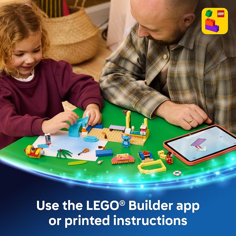LEGO Disney Beach Fun with Lilo Stitch 43280 Building Toys for Girls Boys Ages 4 Develops Fine Motor Skills 2 Minifigures 113 pieces Gift for Birthdays