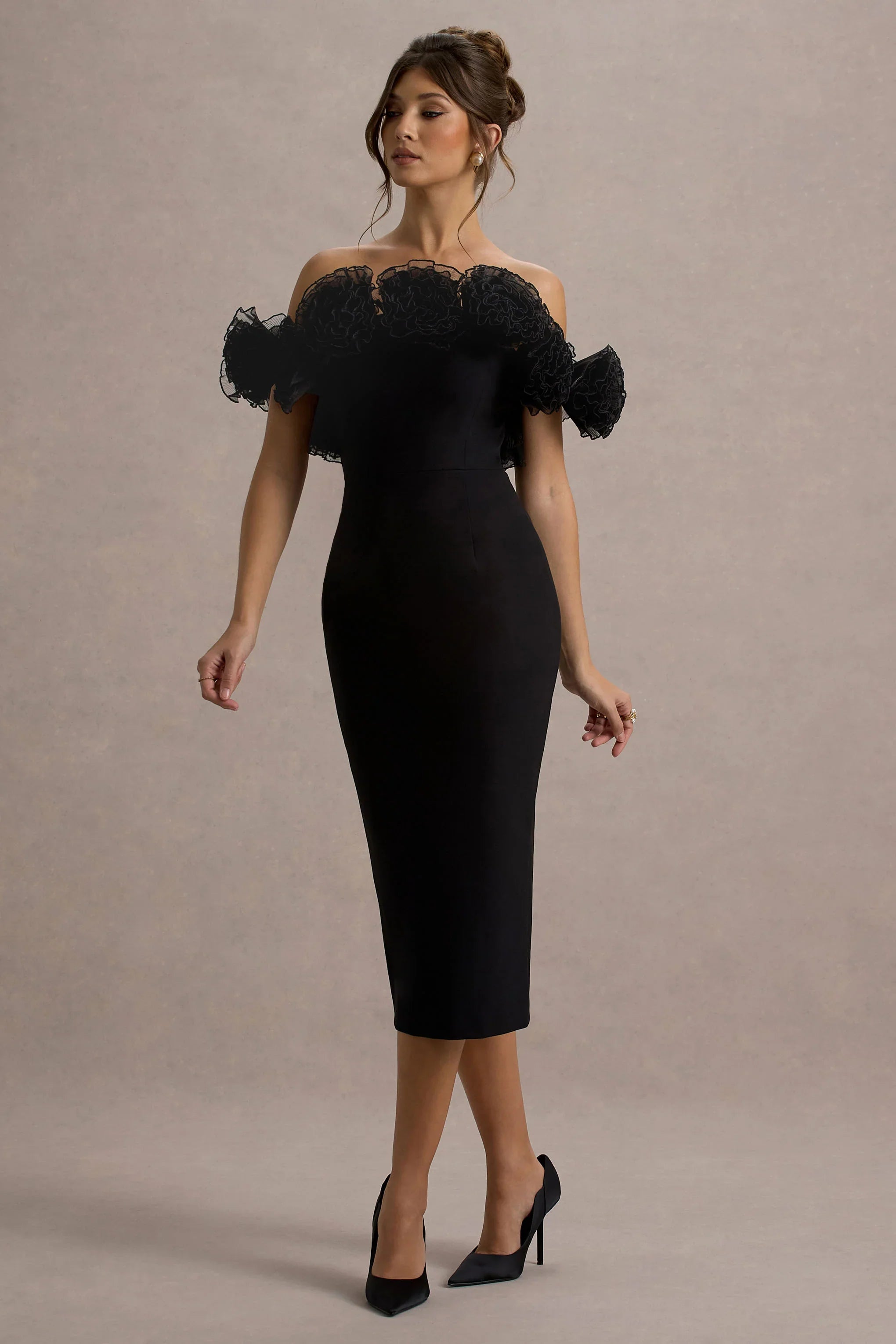 Alizzi Black Bardot Midi Dress With Ruffle Trim