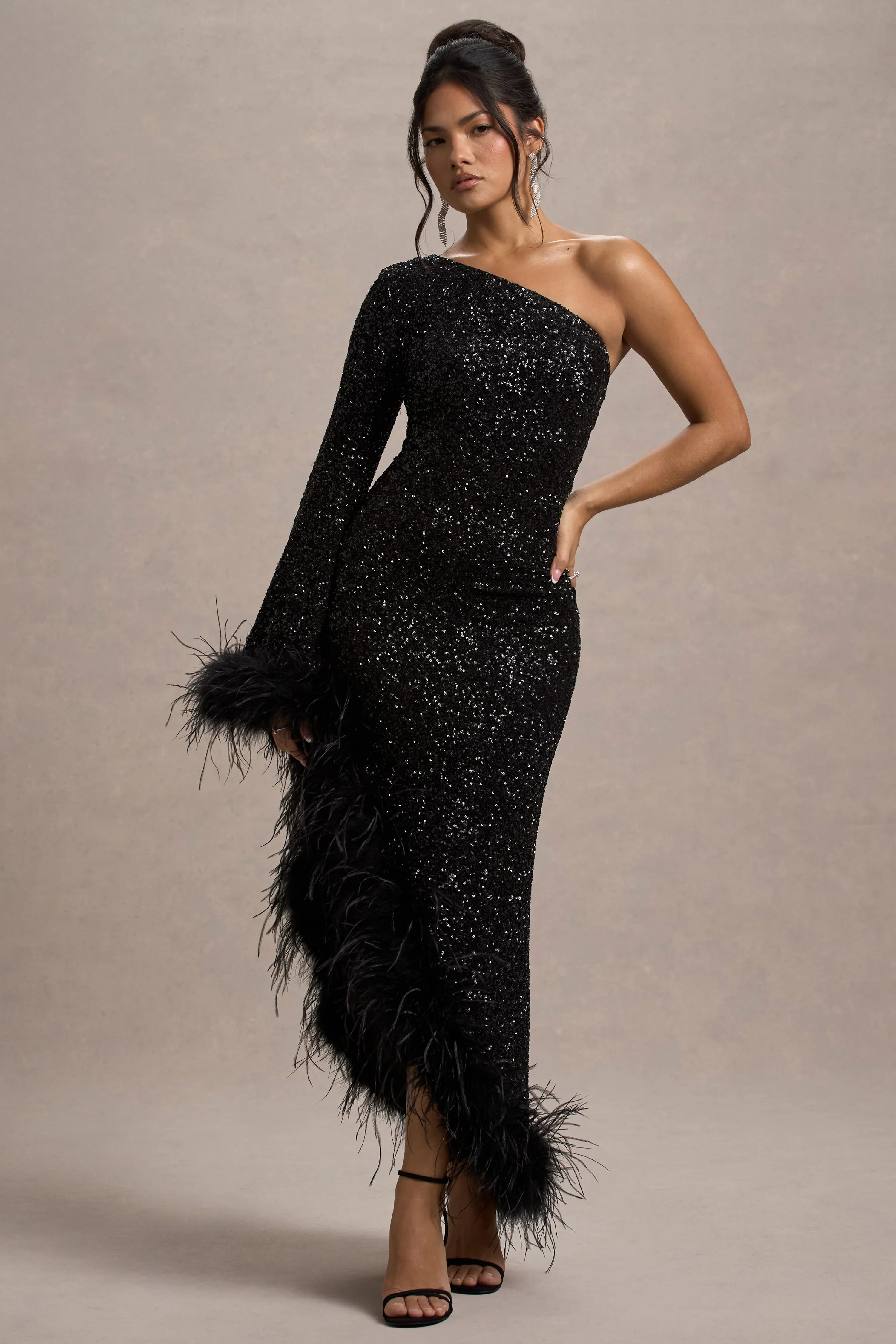Shadow Black Sequin One Shoulder Feather Trim Maxi Dress