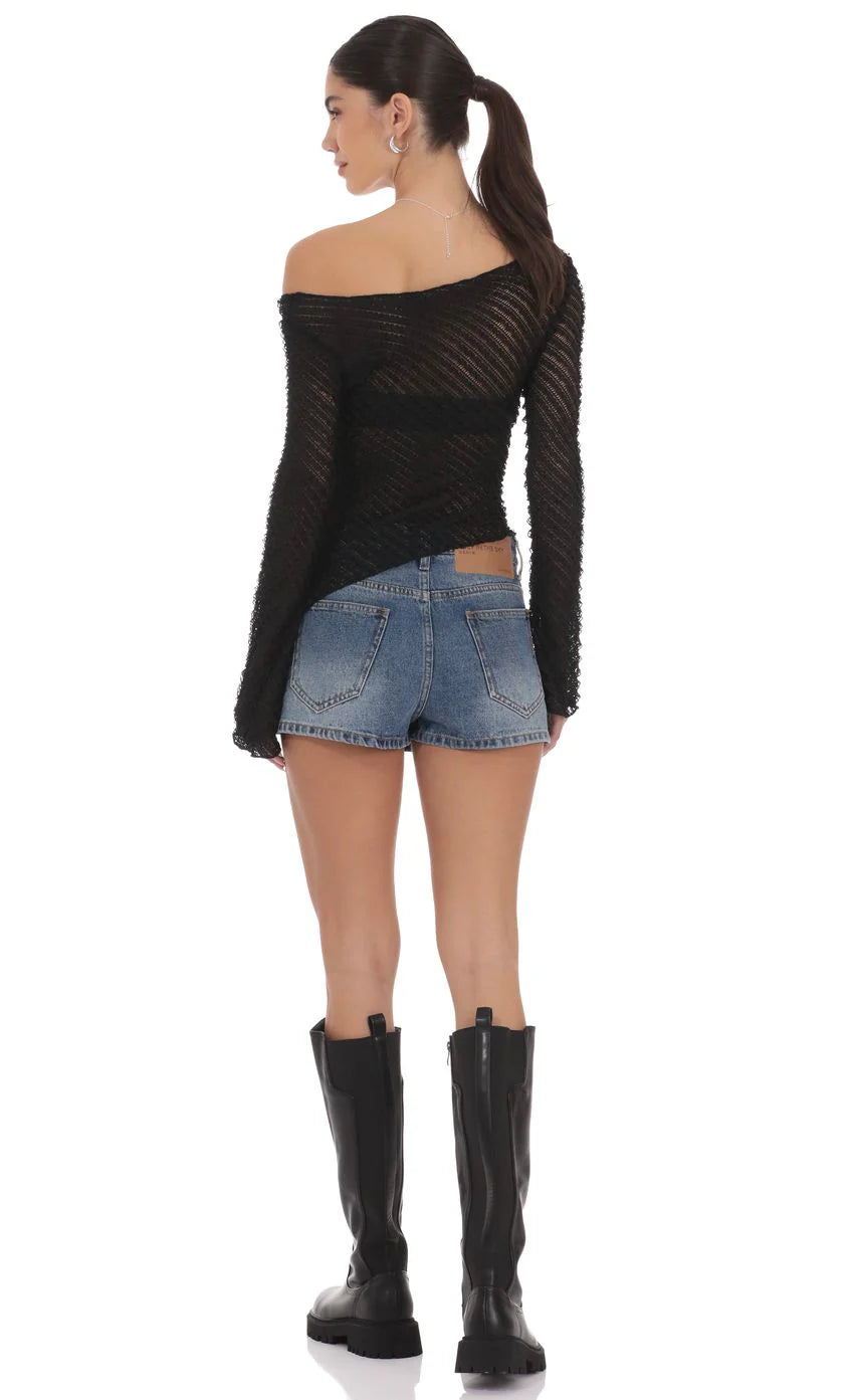 Ruffle Asymmetrical Sheer Lace Top in Black