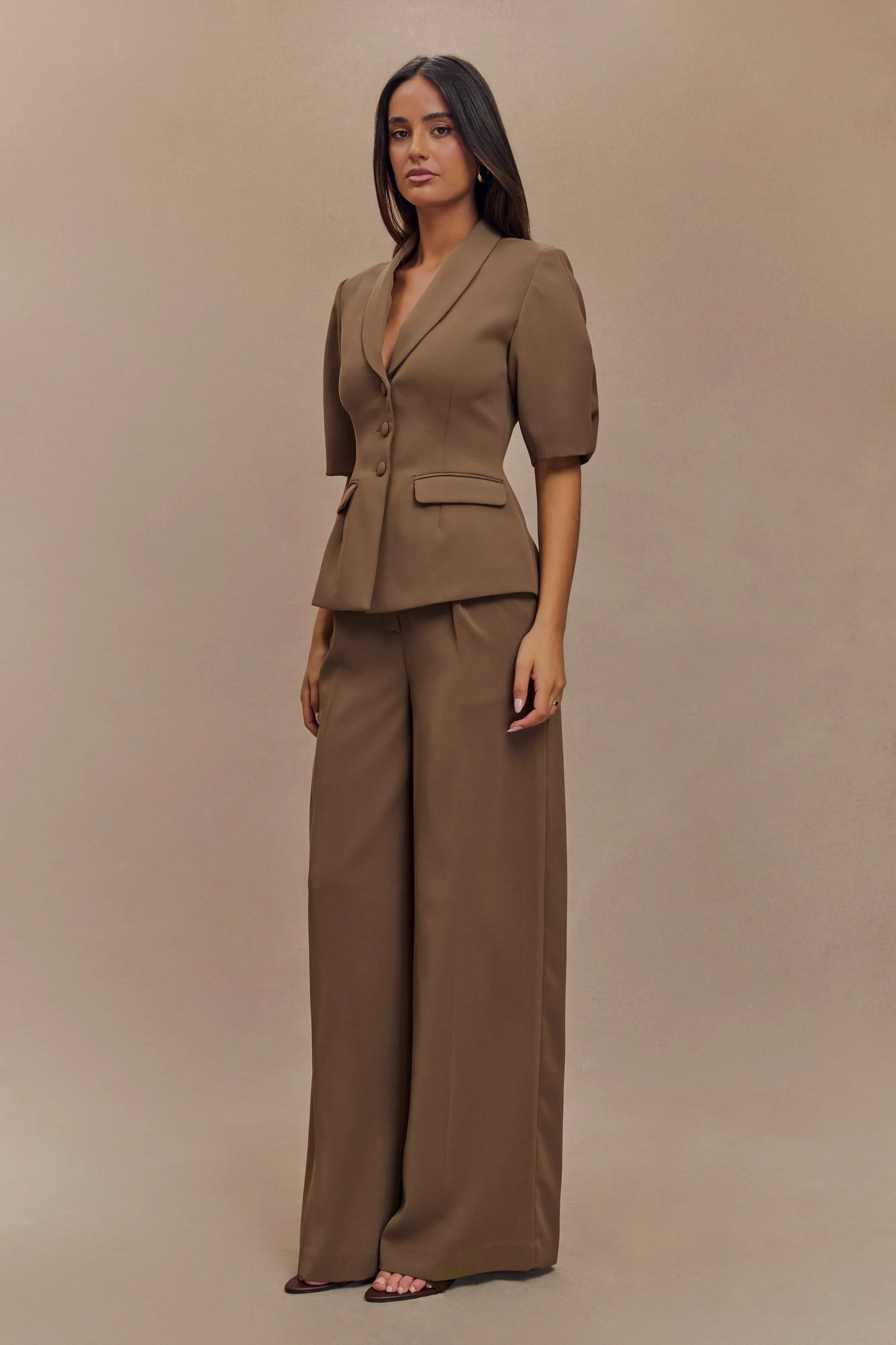Opal Puff Sleeve Suiting Top Cacao Brown