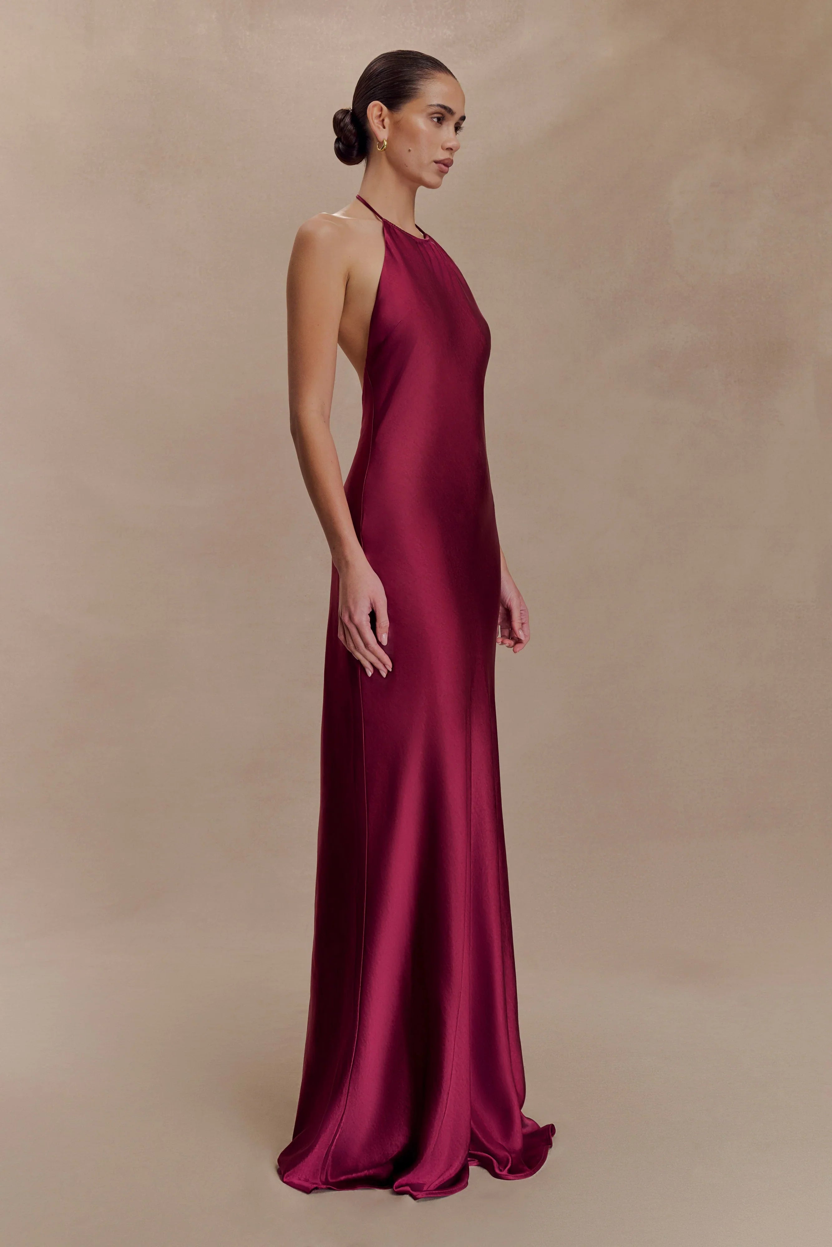 Bella Satin Halter Maxi Dress Mahogany