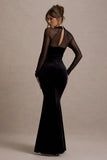 Apres Black Velvet Bodycon Split Maxi Dress With Sheer Sleeves