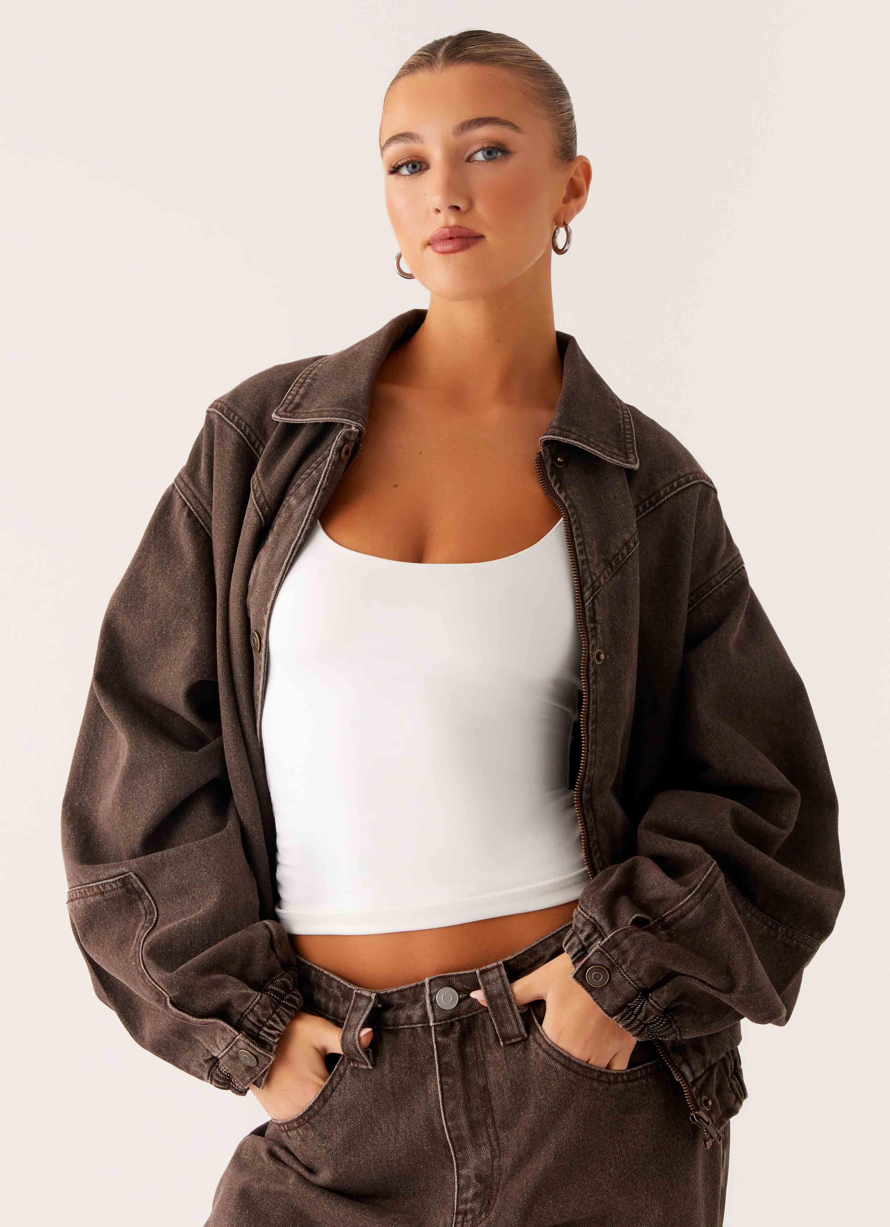 Midwest Washed Denim Bomber Jacket Light Wash Chocolate
