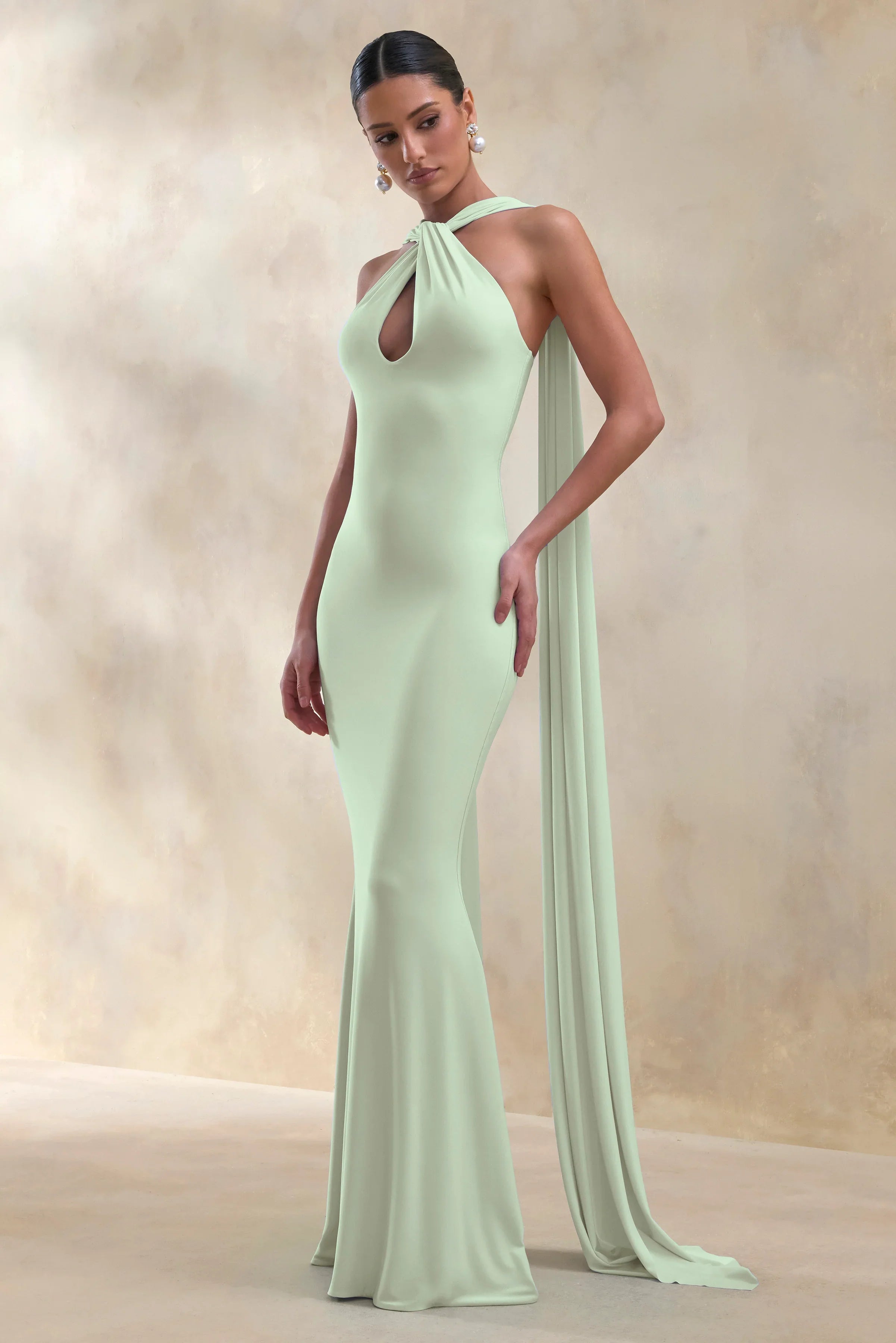 Rhoda Mint Twist Halter Neck Cape Maxi Dress