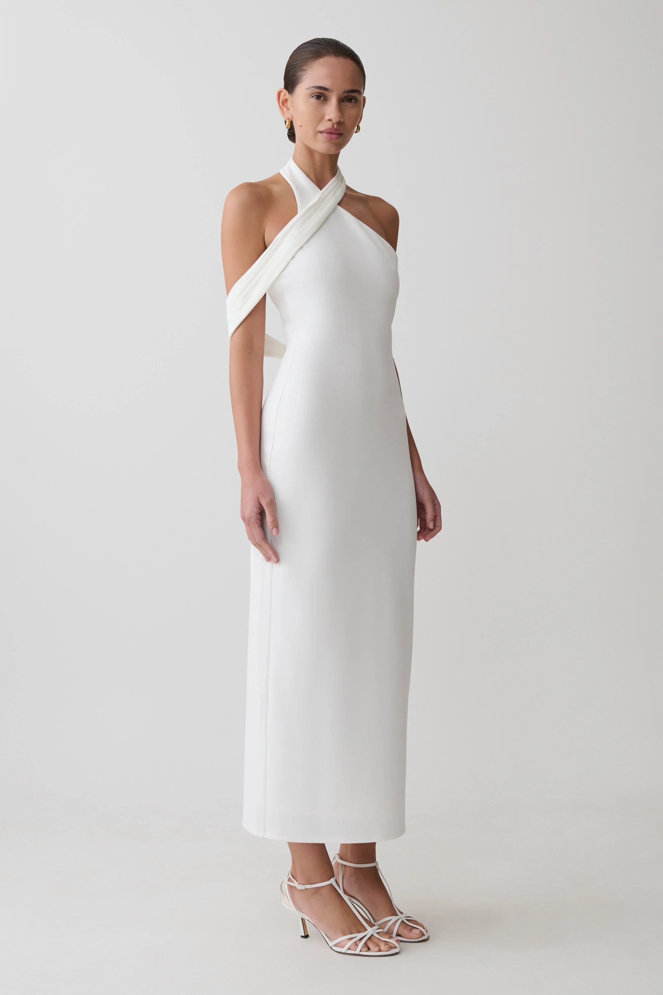 Sable Crossover Crepe Midi Dress White