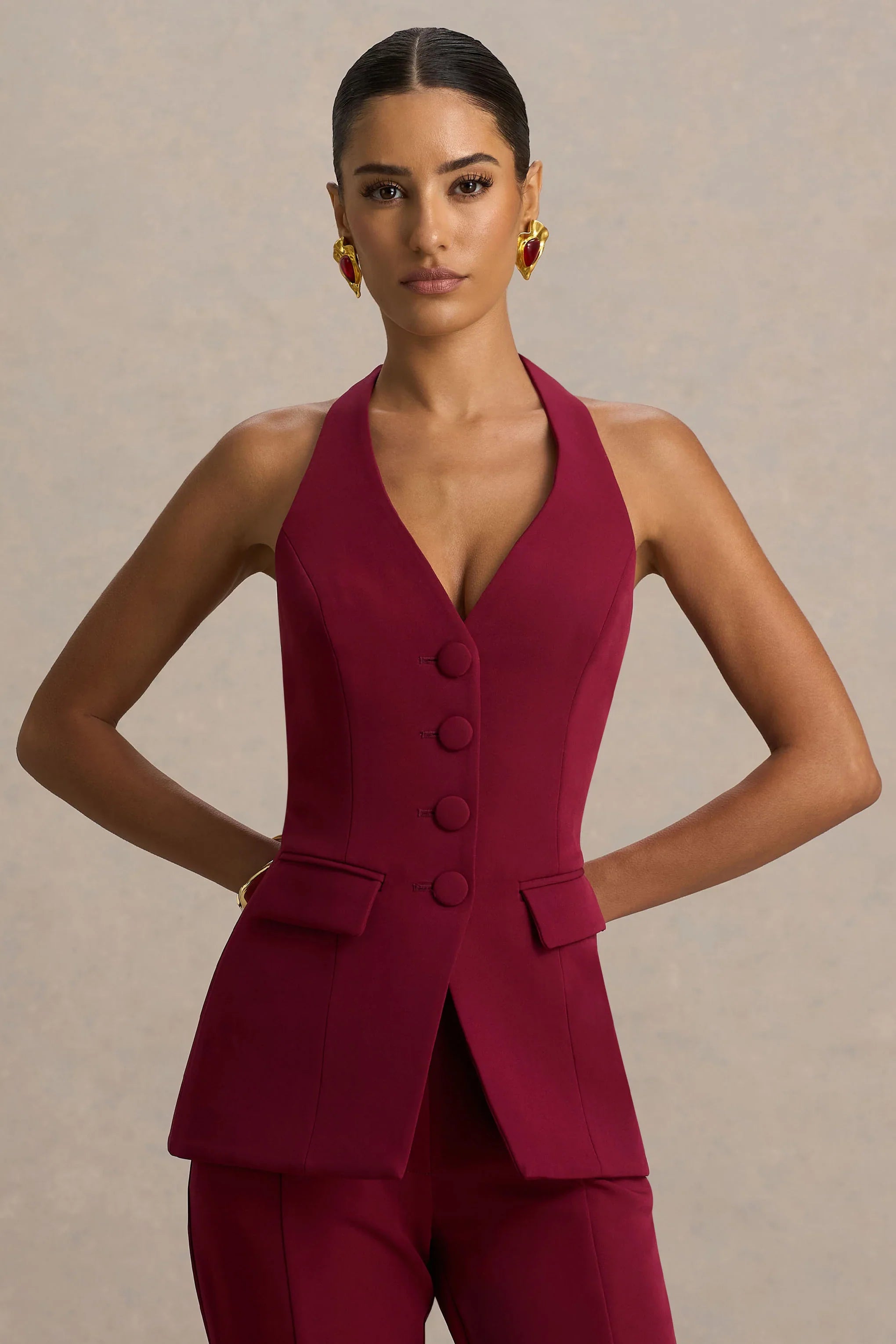 Tecla Burgundy Button Up Tailored Waistcoat