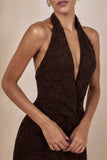 Ocealla Brown Plunge Neck Maxi Dress With Gathered Detailing
