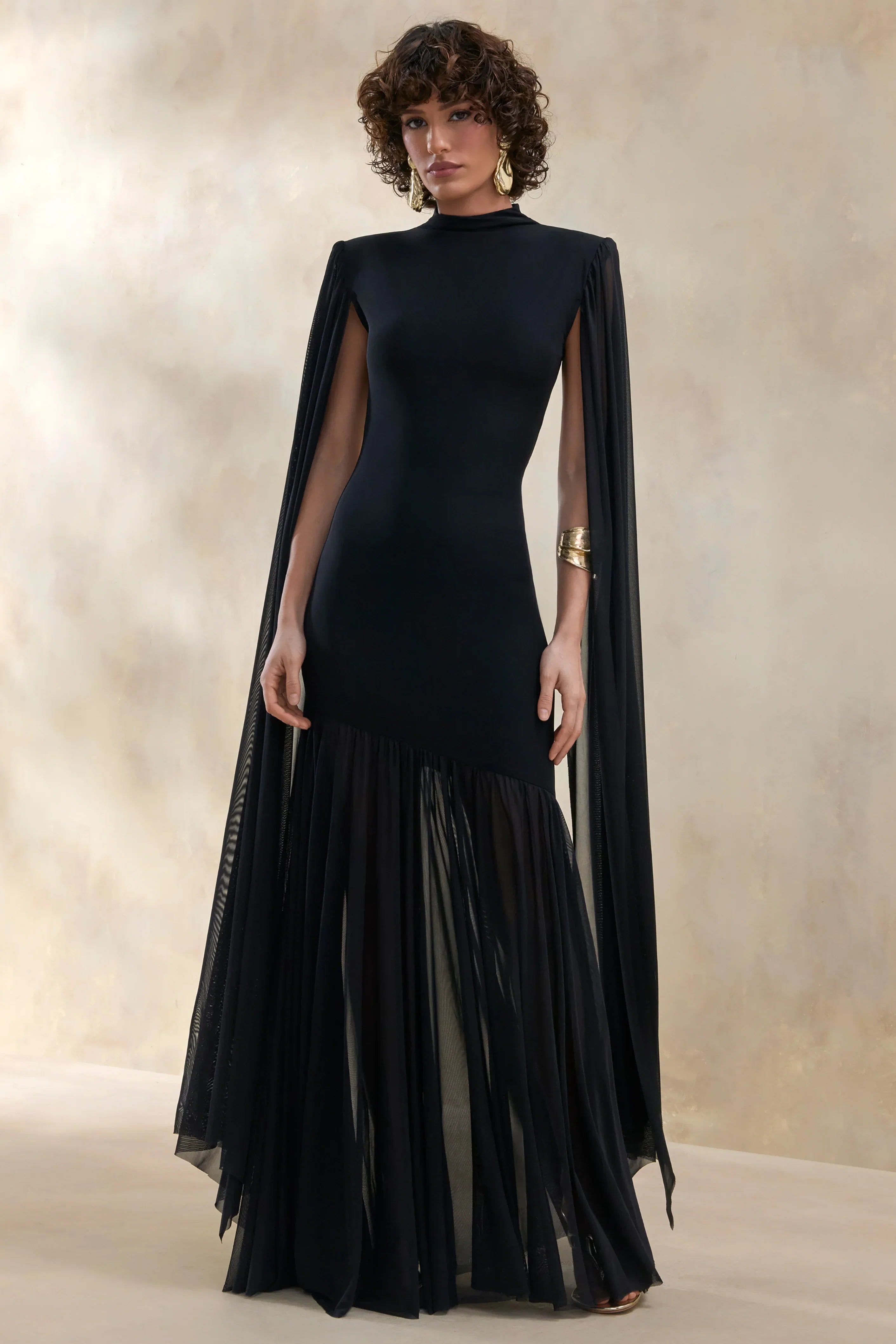 Chantelle Black High Neck Maxi Dress With Drop Waist And Cape Sleeves