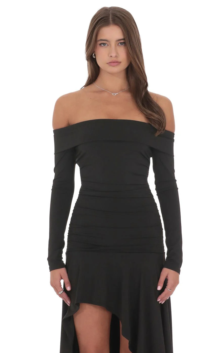 Asymmetrical Off Shoulder Dress in Black