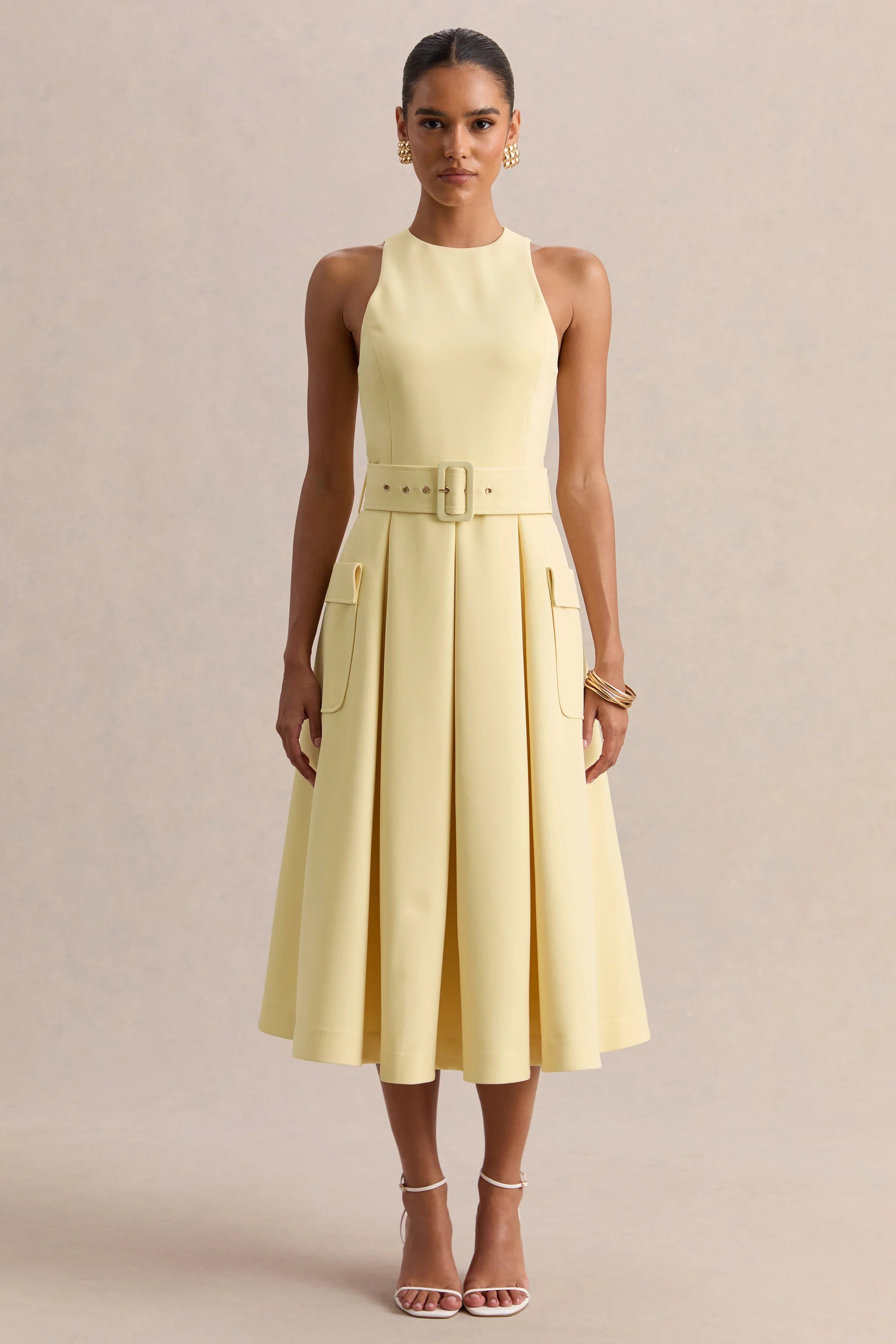 Magnora Lemon Crew Neck Belted Midi Dress