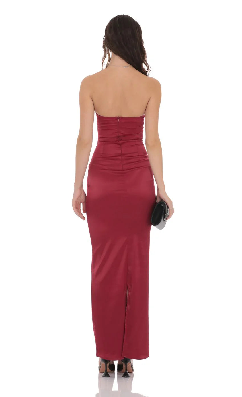 Satin V Strapless Maxi Dress in Maroon