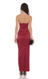 Satin V Strapless Maxi Dress in Maroon