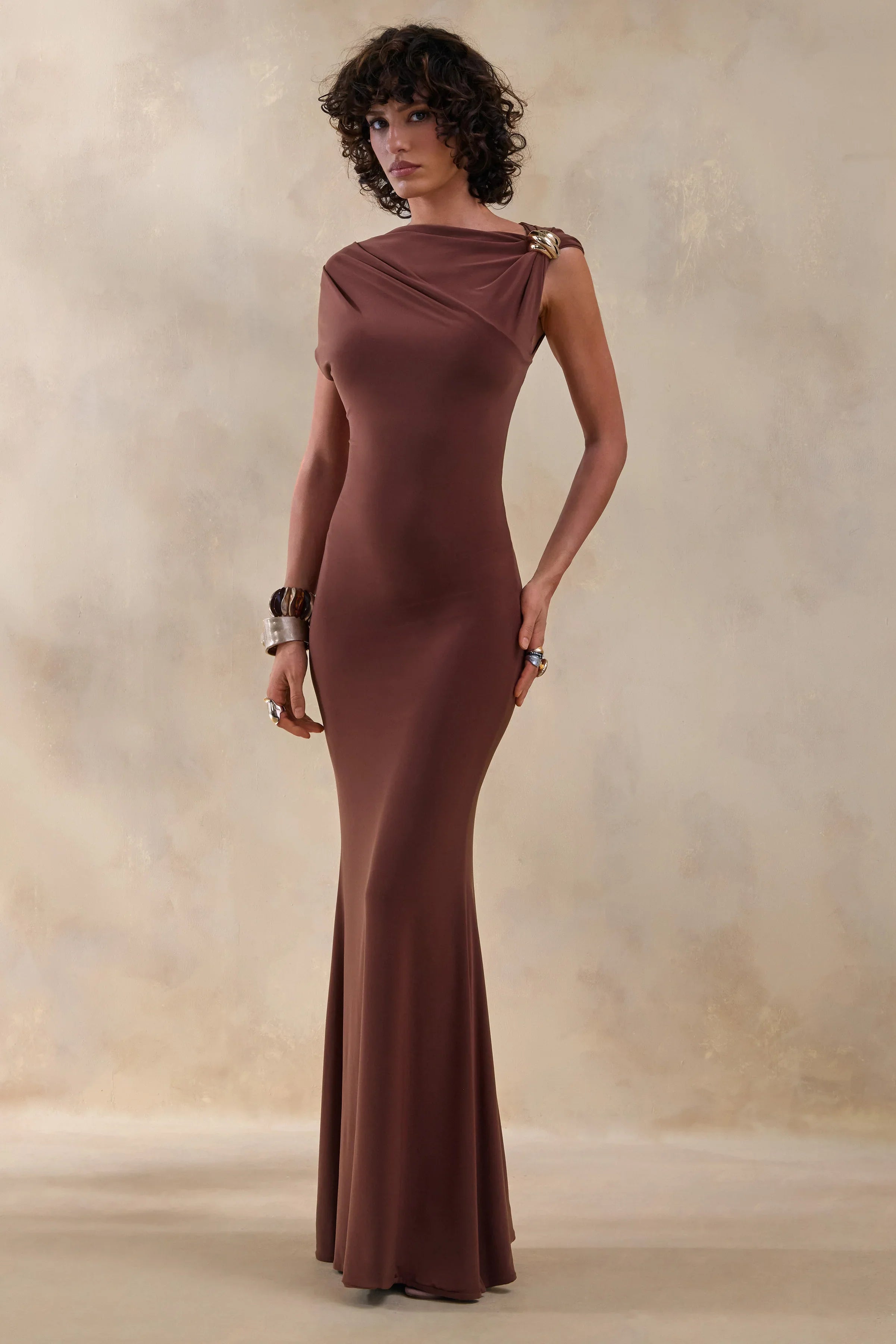 Blaire Brown Asymmetric Neck Maxi Dress With Gold Detailing