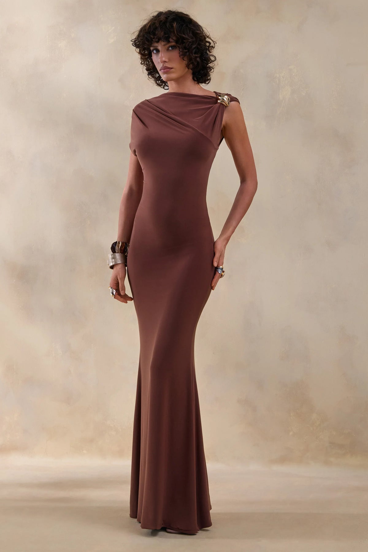 Blaire Brown Asymmetric Neck Maxi Dress With Gold Detailing