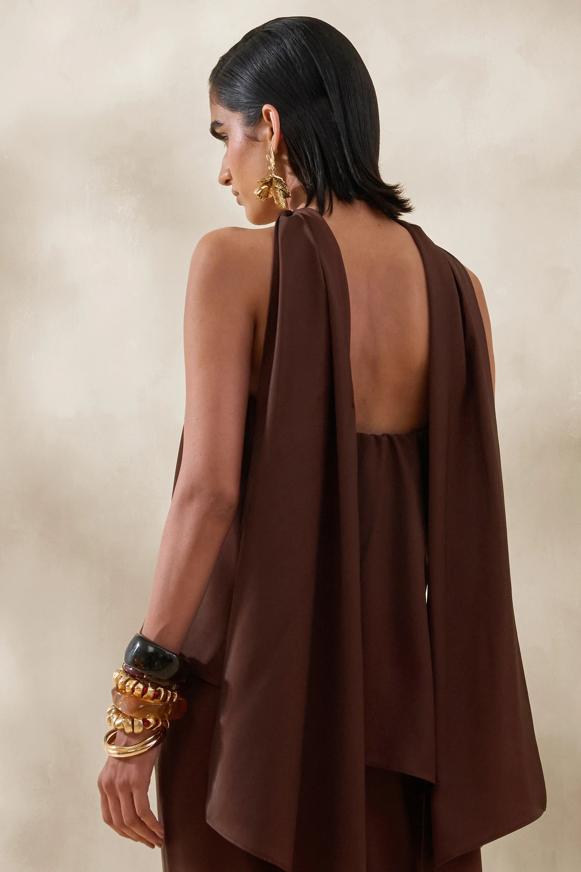 Evandra Brown Satin Bandeau Top With Scarf