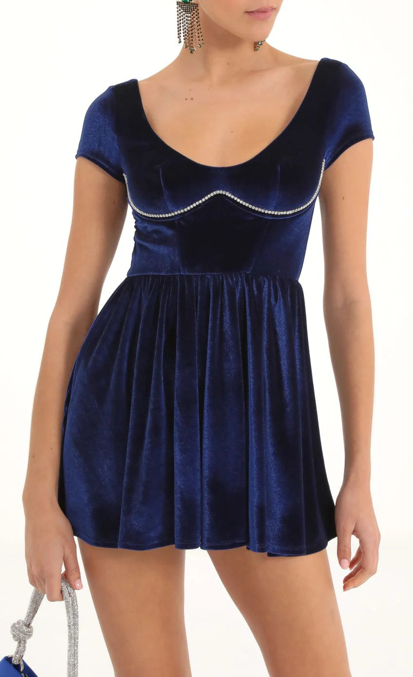 Rhinestone Velvet Corset Flare Dress in Navy